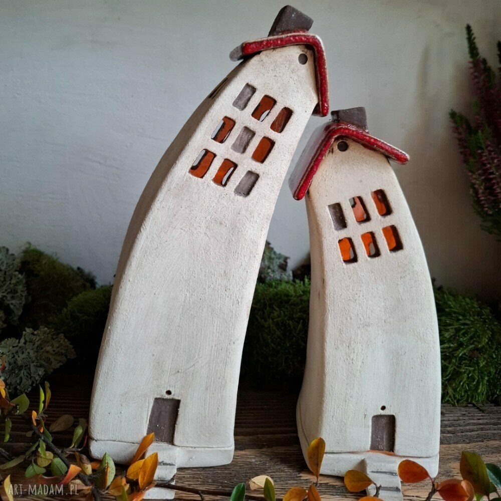 Komplet dwóch domków ceramicznych na tea-lighty - czerwone dachy