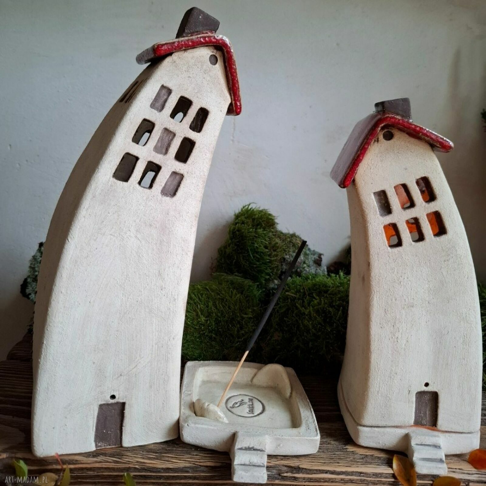 Komplet dwóch domków ceramicznych na tea-lighty - czerwone dachy
