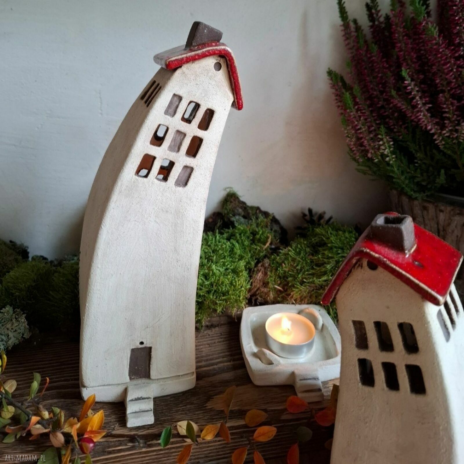 Komplet dwóch domków ceramicznych na tea-lighty - czerwone dachy