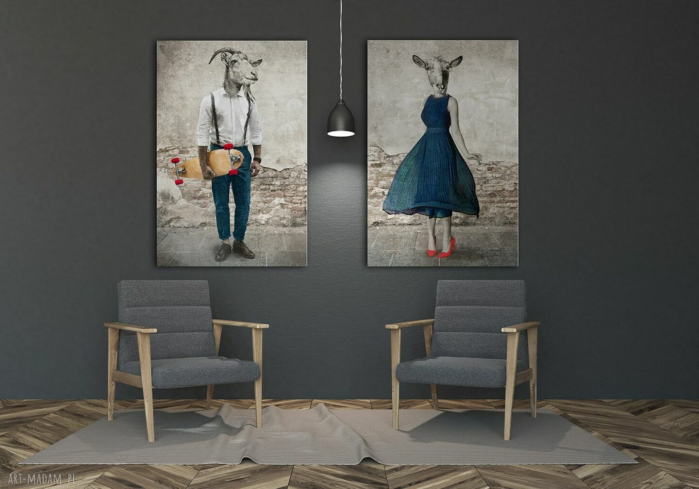 Komplet dwóch obrazów na płótnie 80x120 cm - kozy w ubraniach (160x120)