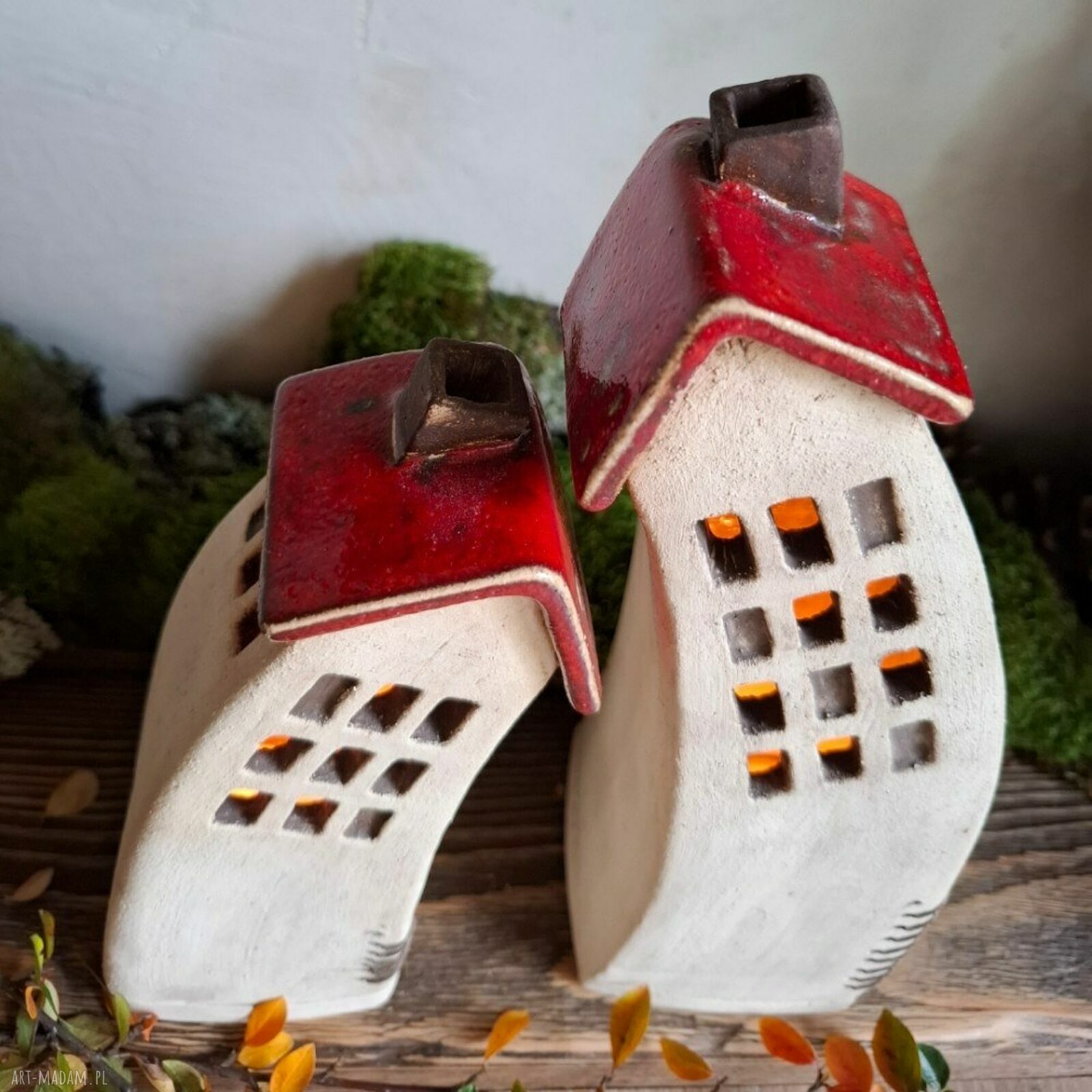Komplet dwóch domków ceramicznych na tea-lighty - czerwone dachy