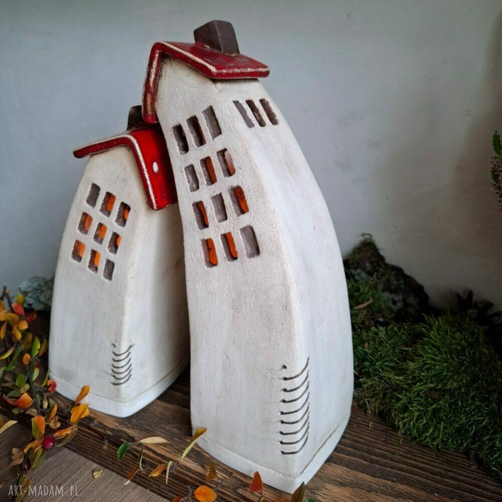 Komplet dwóch domków ceramicznych na tea-lighty - czerwone dachy