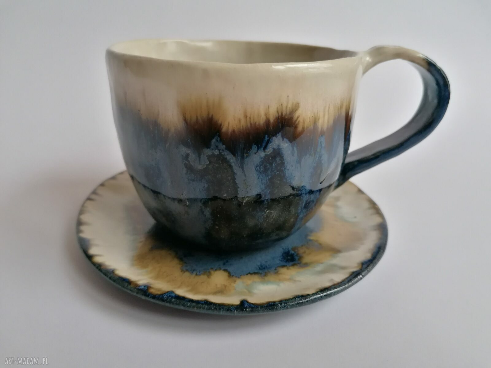 Komplet "Głębia Oceanu New" - filiżanka z talerzykiem handmade z gliny szamotowej