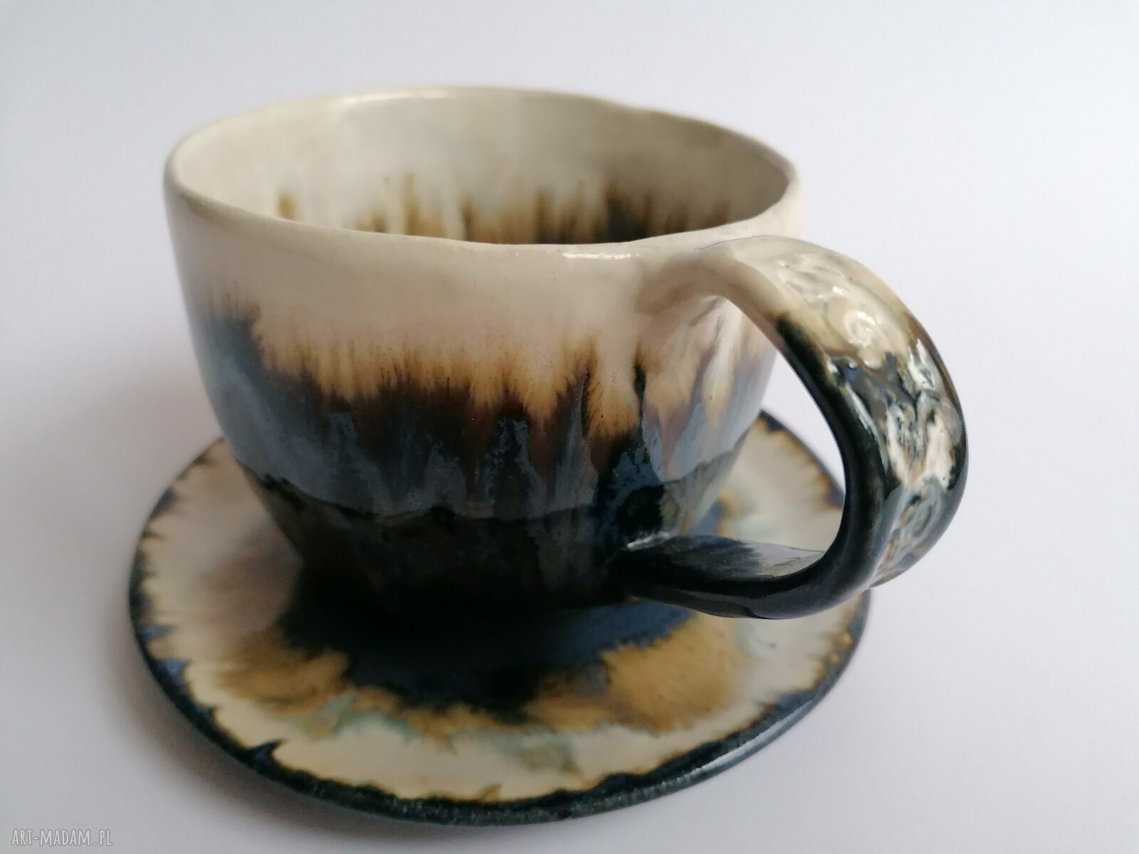 Komplet "Głębia Oceanu New" - filiżanka z talerzykiem handmade z gliny szamotowej