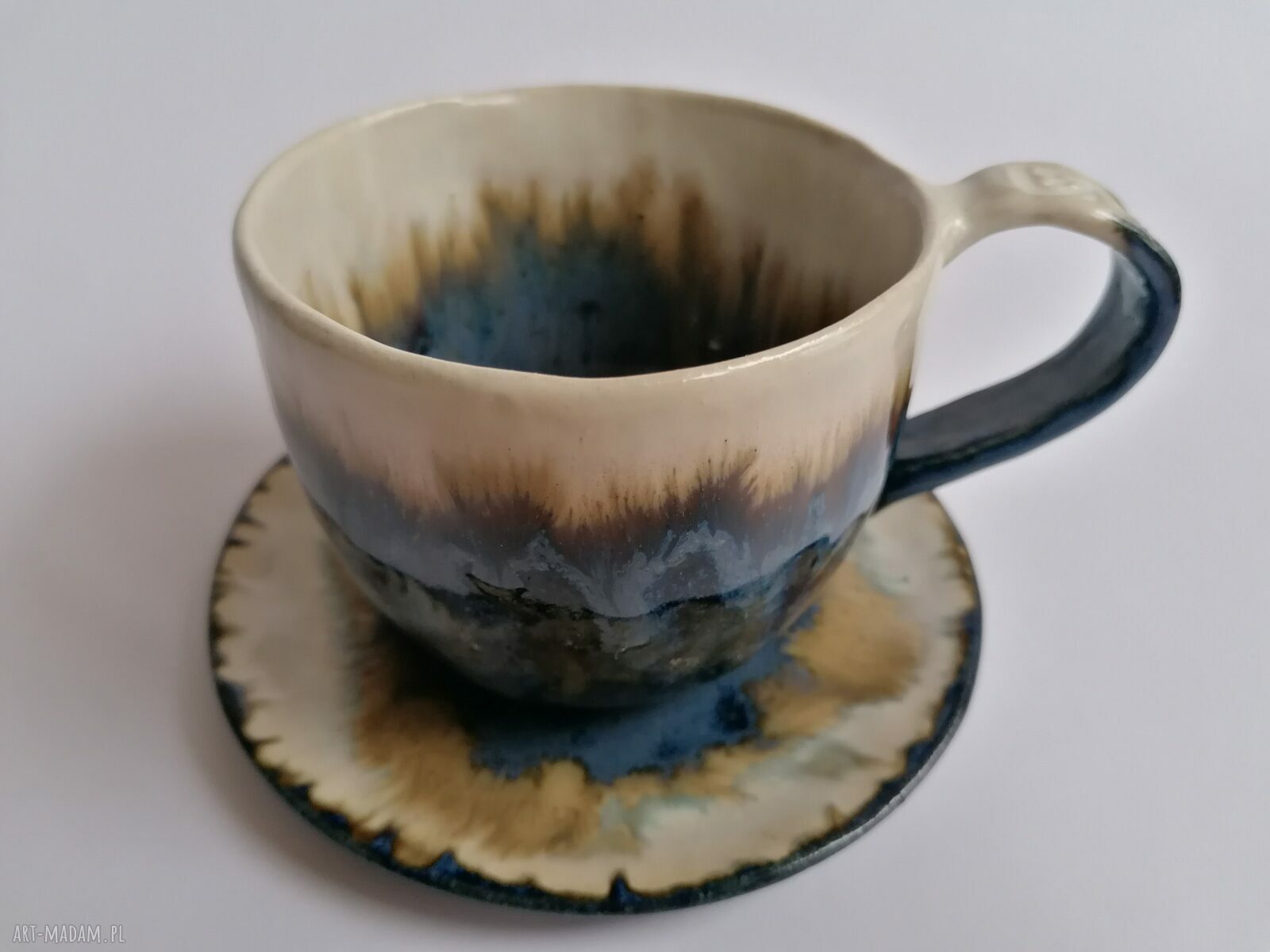 Komplet "Głębia Oceanu New" - filiżanka z talerzykiem handmade z gliny szamotowej