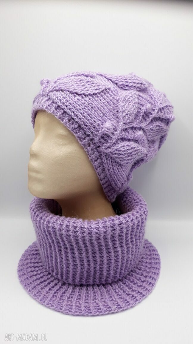 Zimowy komplet handmade: czapka i komin Lawendowe Liście