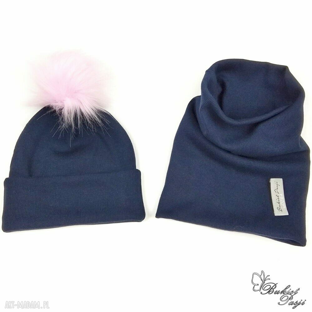 czapki: Komplet jesienny, czapka i komin kolor: granatowy handmade