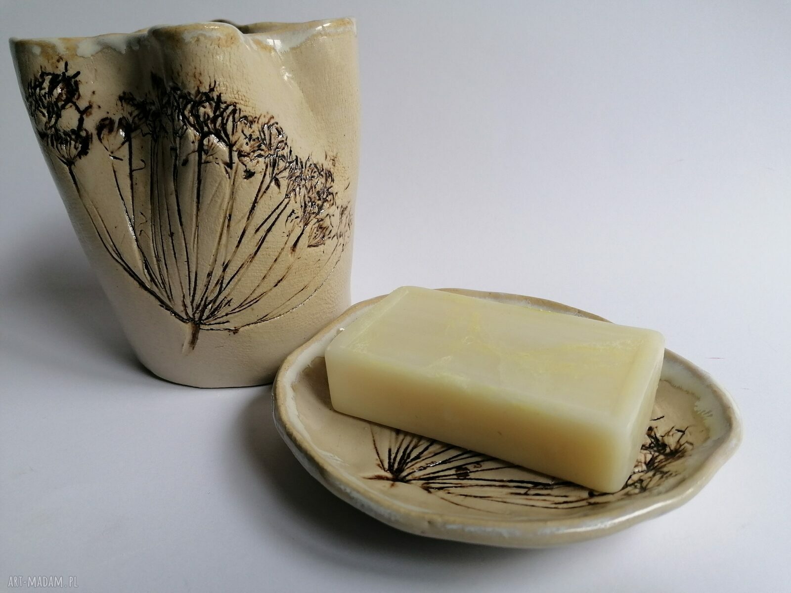 Komplet "koperkowy" - mydelniczka i pojemniczek z ceramiki handmade