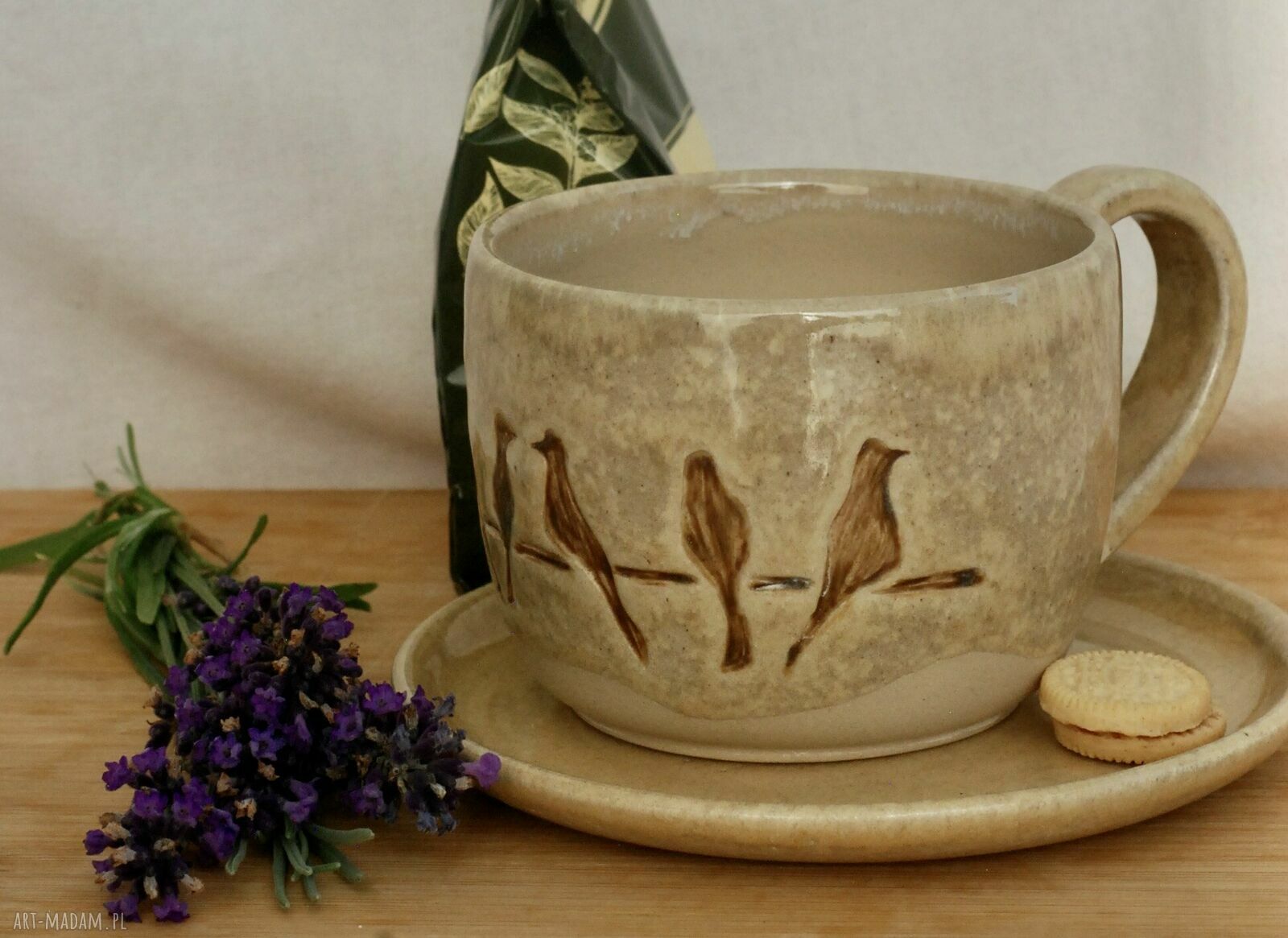 Ręcznie wykonany komplet ceramiczny z ptaszkami