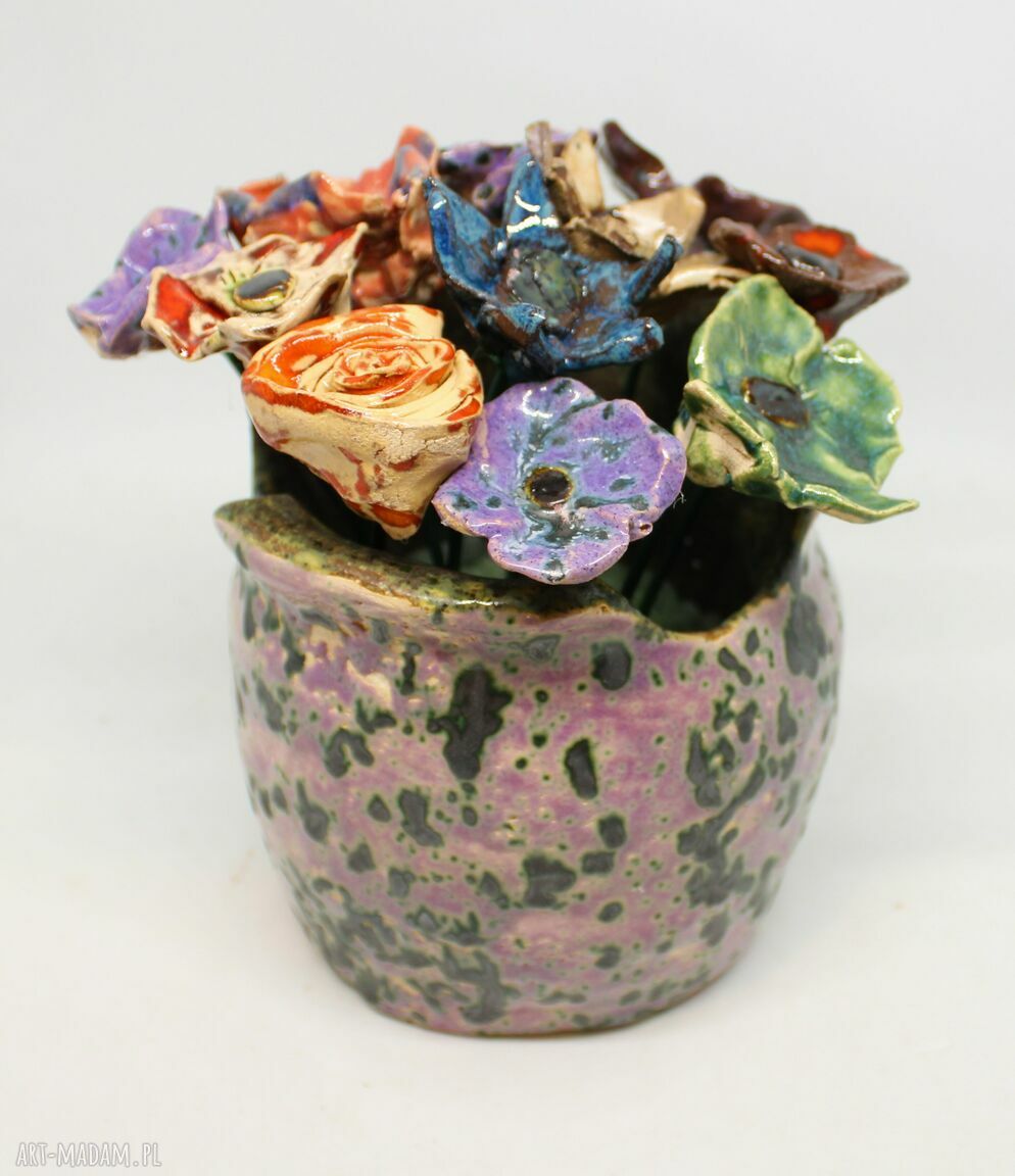 Komplet ceramiczne kwiaty i wazon handmade - 12 sztuk