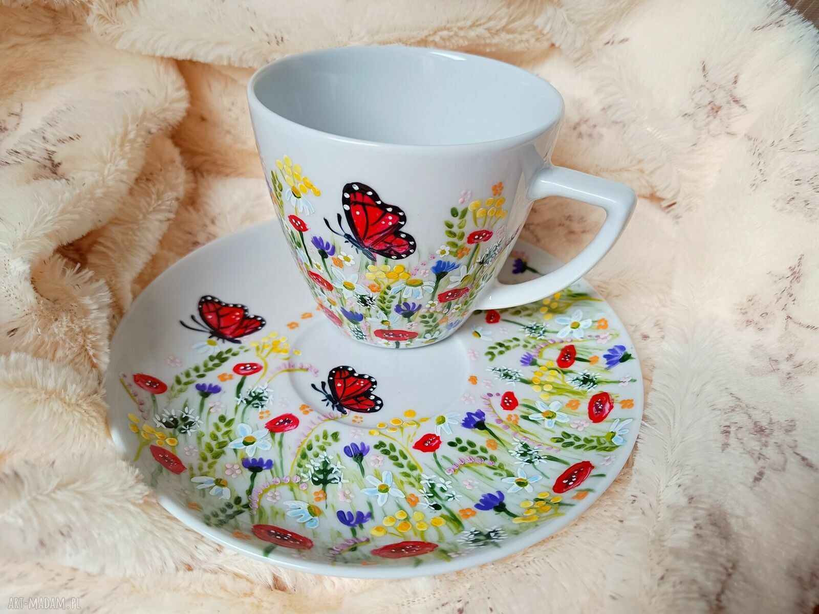 Komplet letniej łąki: filiżanka 350 ml - ręcznie malowana porcelana