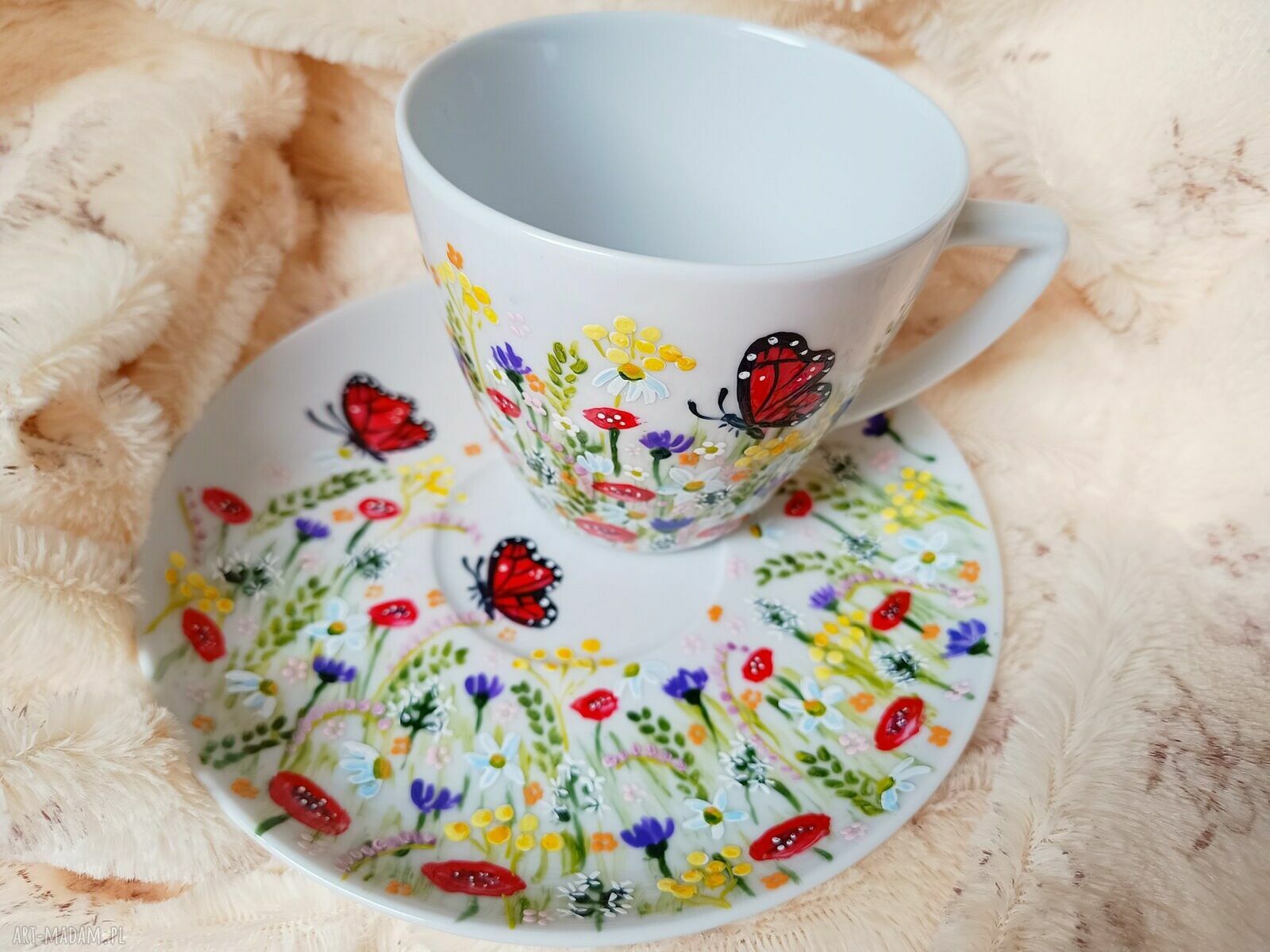 Komplet letniej łąki: filiżanka 350 ml - ręcznie malowana porcelana