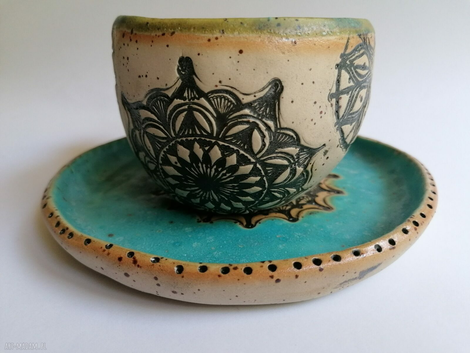 Komplet mandala w turkusie - filiżanka i talerzyk handmade