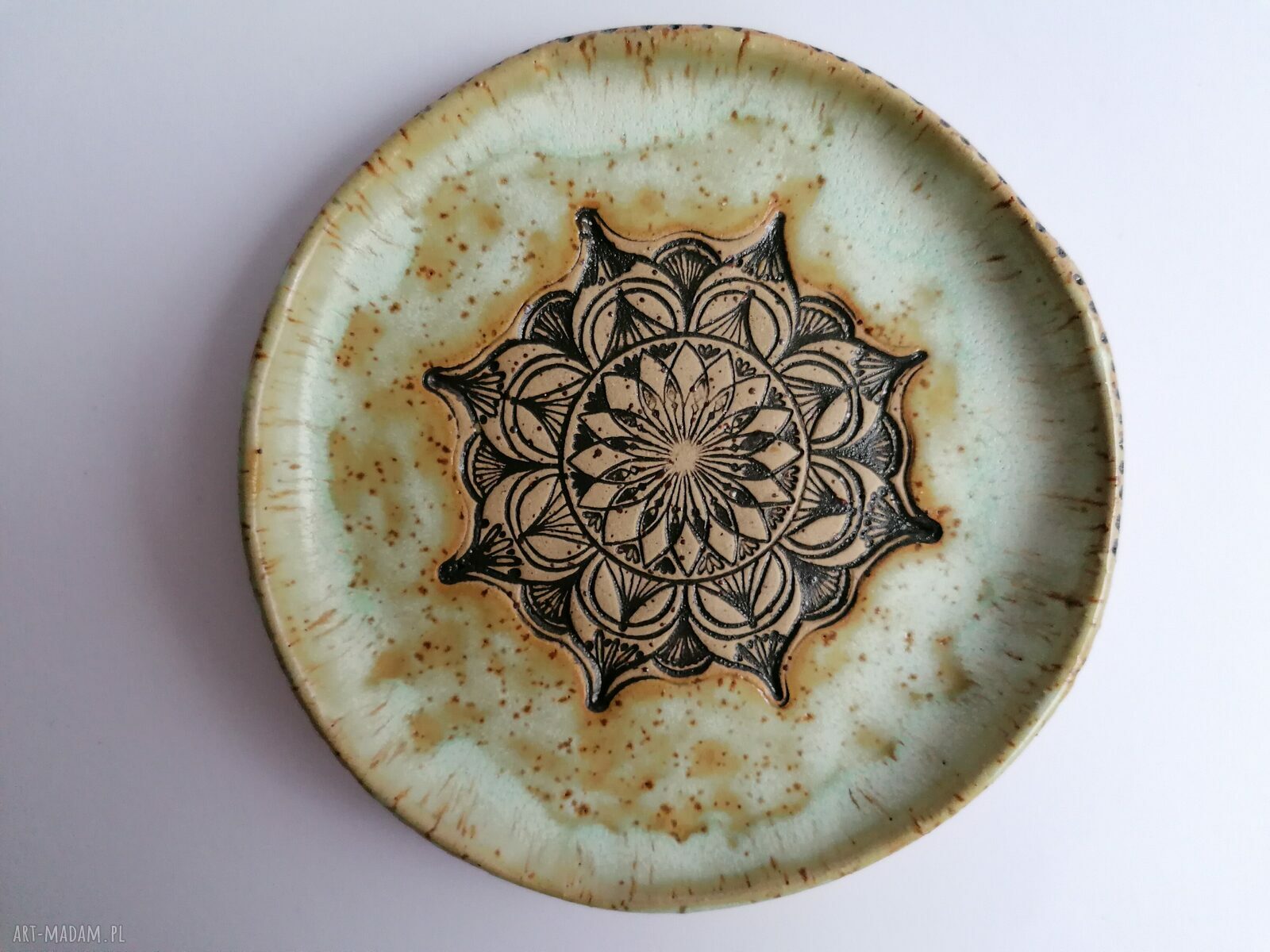 Komplet filiżanka i talerzyk z gliny szamotowej - mandala w mięcie