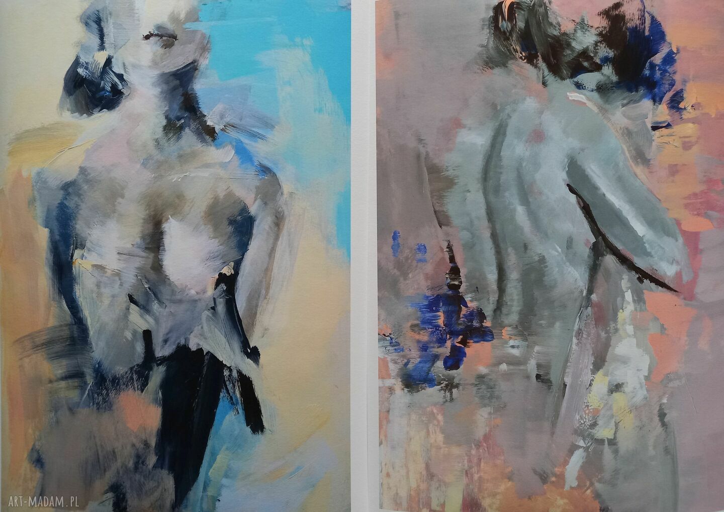Komplet dwóch obrazów fine art do salonu i sypialni - grafika kobiety w turkusowych barwach
