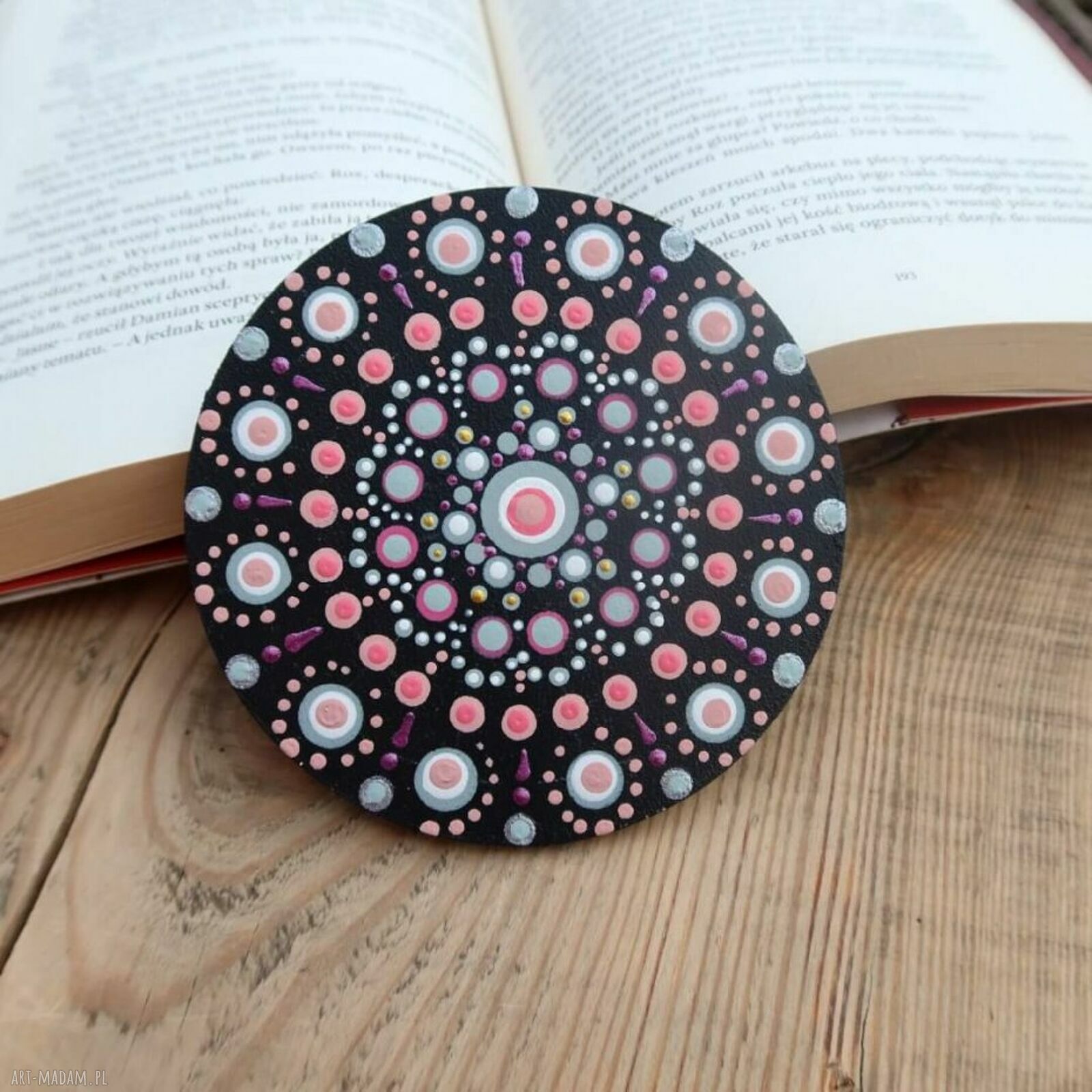Komplet Pink Drops - zakładka do książki i podkładka pod kubek (dot painting)