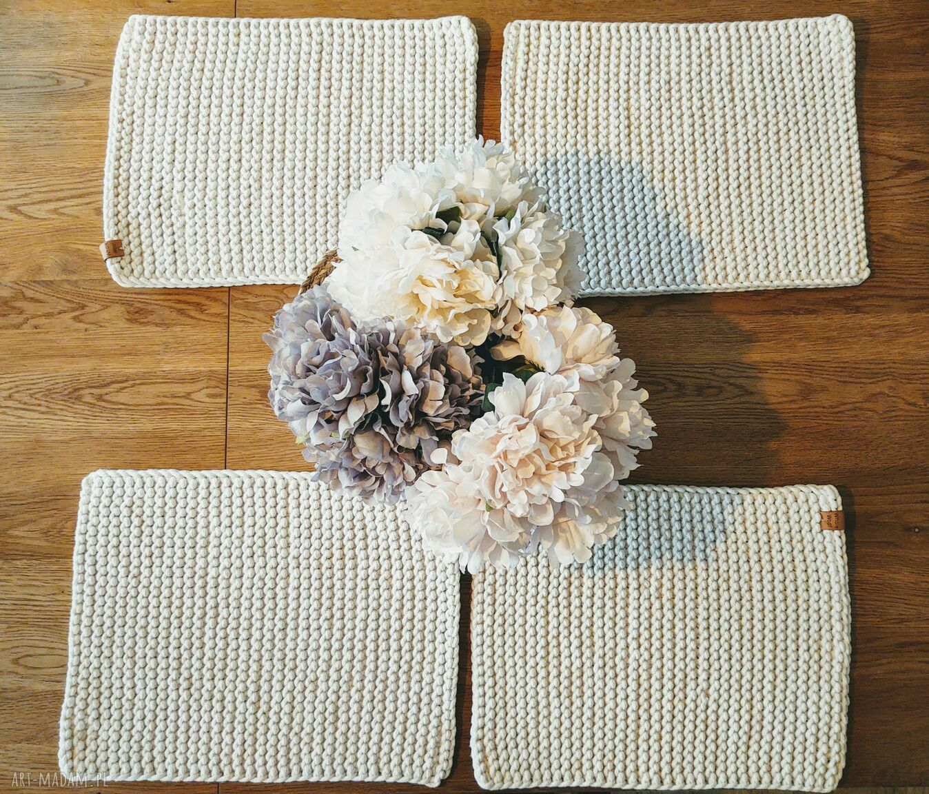 Komplet 4 podkładek stołowych ze sznurka bawełnianego ecru - handmade