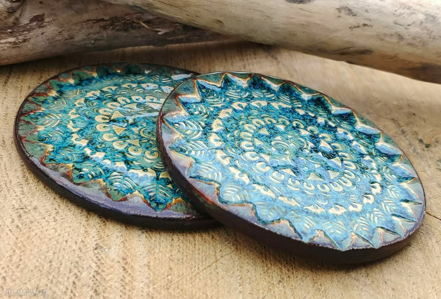 Komplet ceramicznych podstawek pod tealighty i pod kubek z motywem mandali