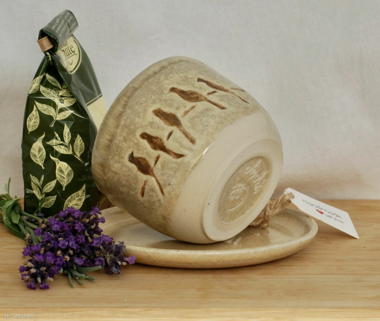 Ręcznie wykonany komplet ceramiczny z ptaszkami