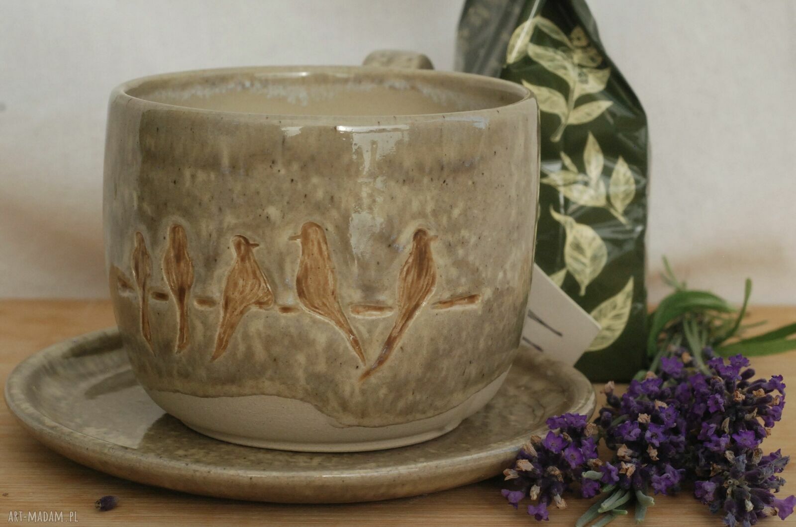 Ręcznie wykonany komplet ceramiczny z ptaszkami