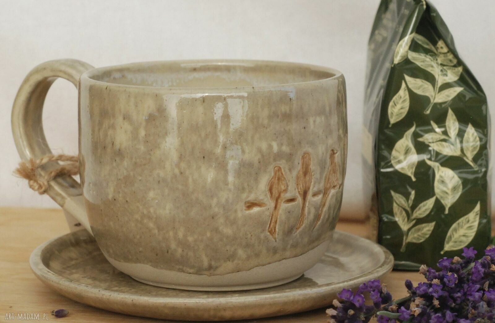 Ręcznie wykonany komplet ceramiczny z ptaszkami