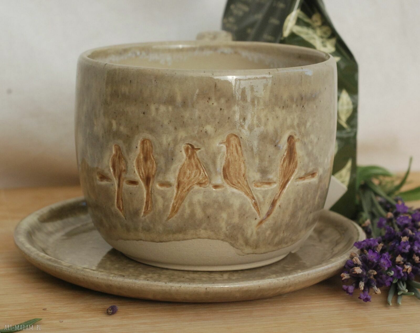 Ręcznie wykonany komplet ceramiczny z ptaszkami