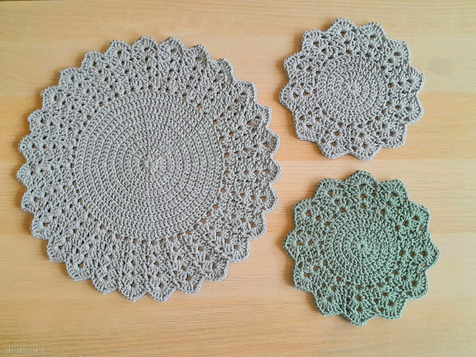 Komplet serwetek na stół boho - szary 20 i 40 cm, szałwiowa 20 cm