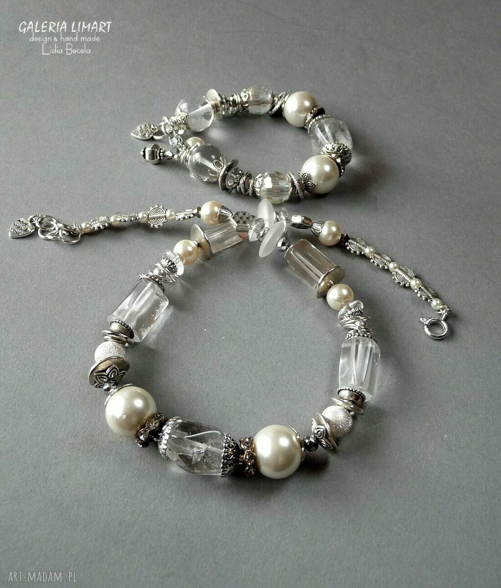 Komplet ślubny z kryształu górskiego i pereł - elegancki unikat handmade