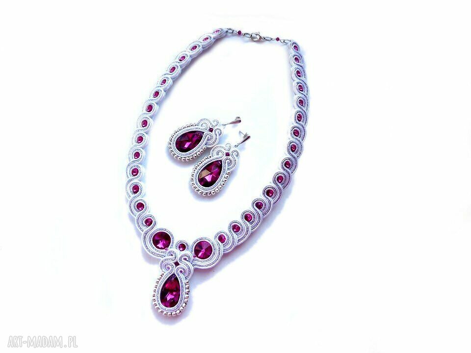 Komplet ślubny sutasz Swarovski - kolczyki sztyfty i naszyjnik w bieli i fuksji
