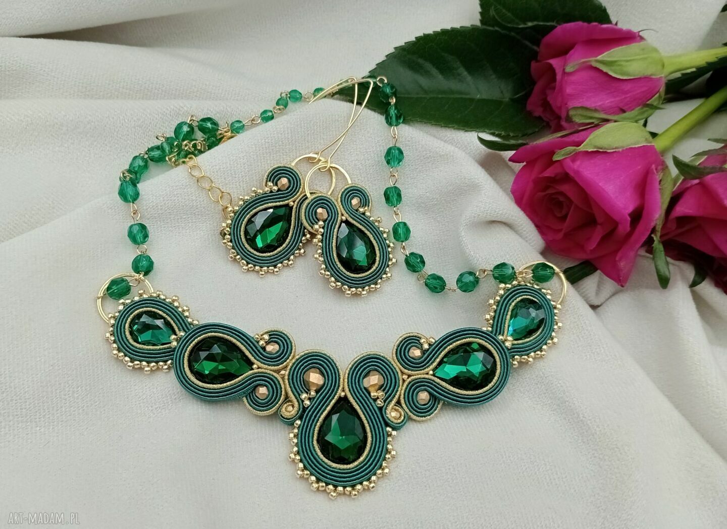 Komplet szmaragdowy złoty soutache: kolia i kolczyki na wesele