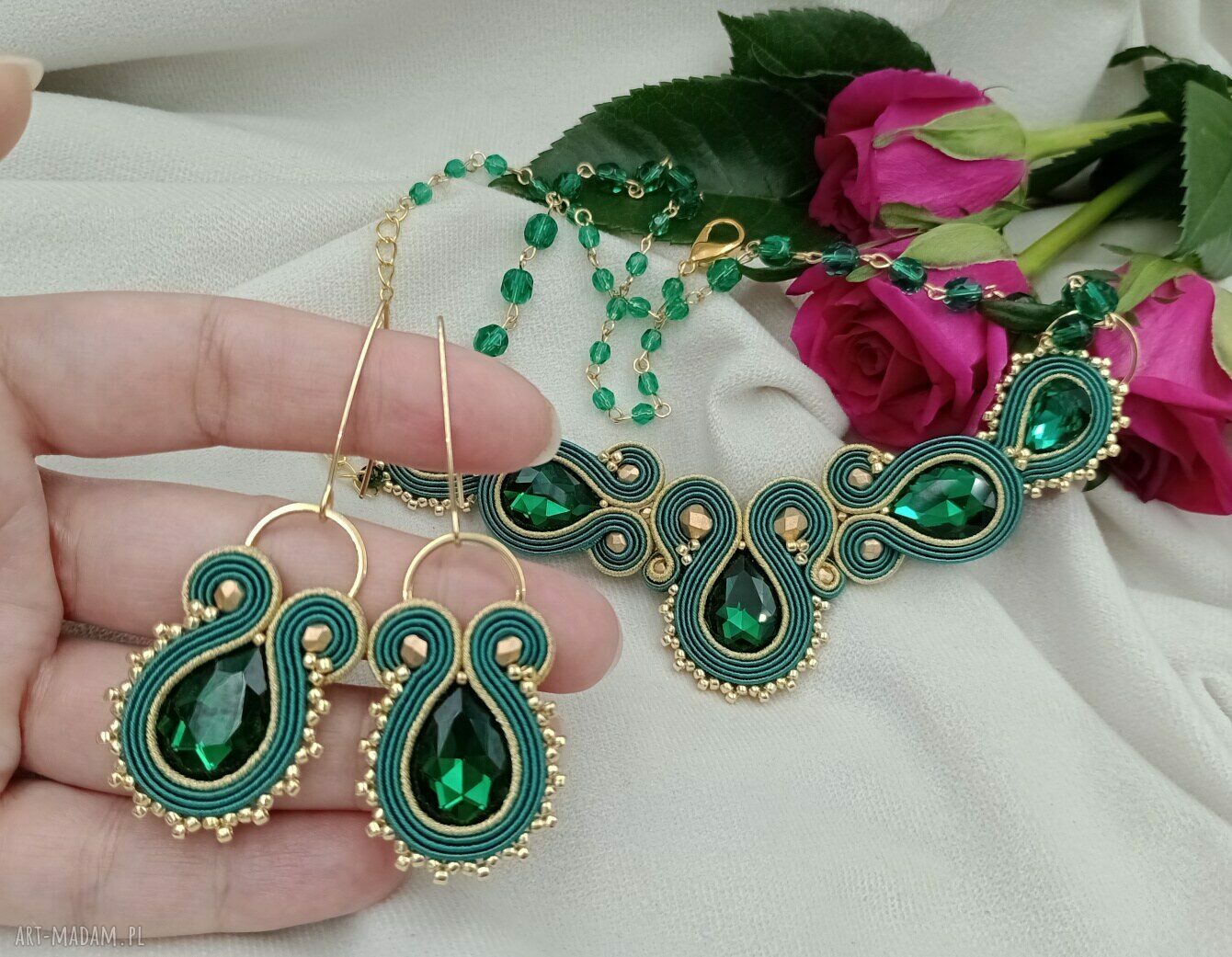 Komplet szmaragdowy złoty soutache: kolia i kolczyki na wesele