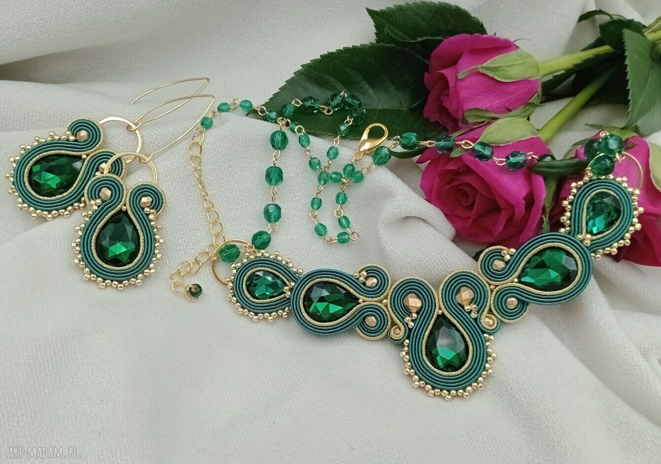 Komplet szmaragdowy złoty soutache: kolia i kolczyki na wesele