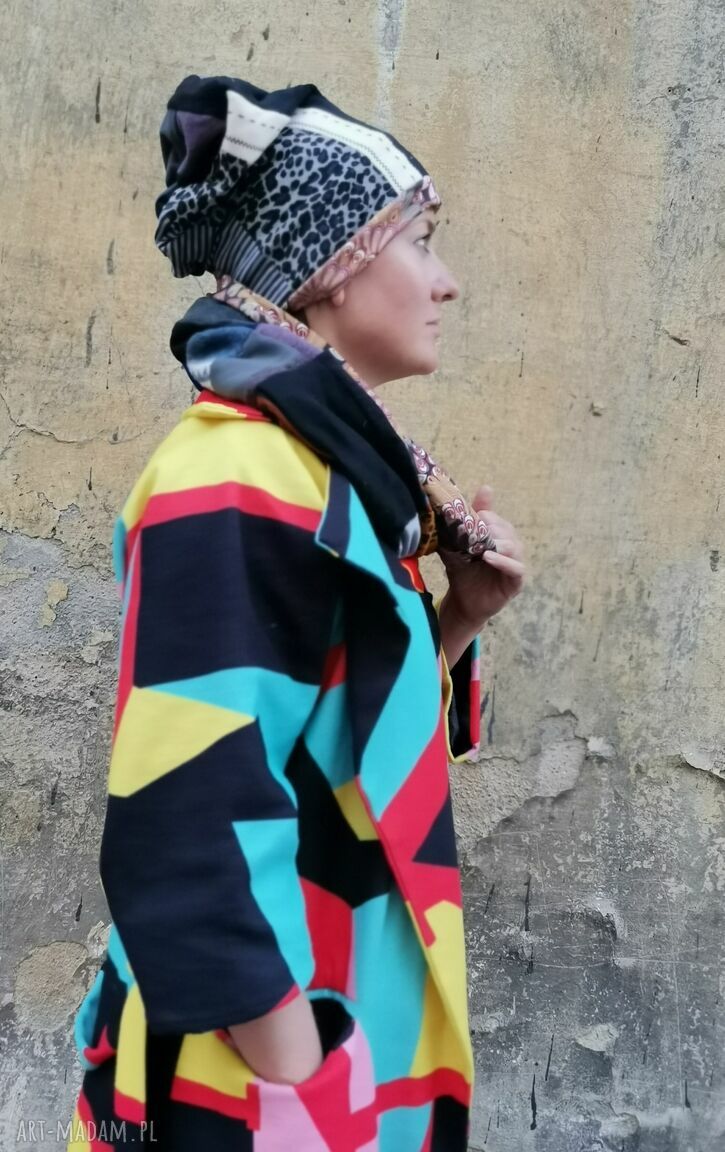 Boho patchworkowy komplet na rower - czapka uniwersalna i komin na podszewce