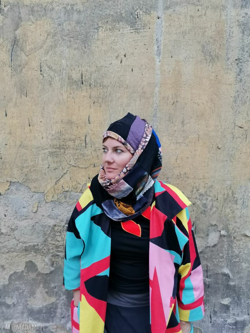 Boho patchworkowy komplet na rower - czapka uniwersalna i komin na podszewce