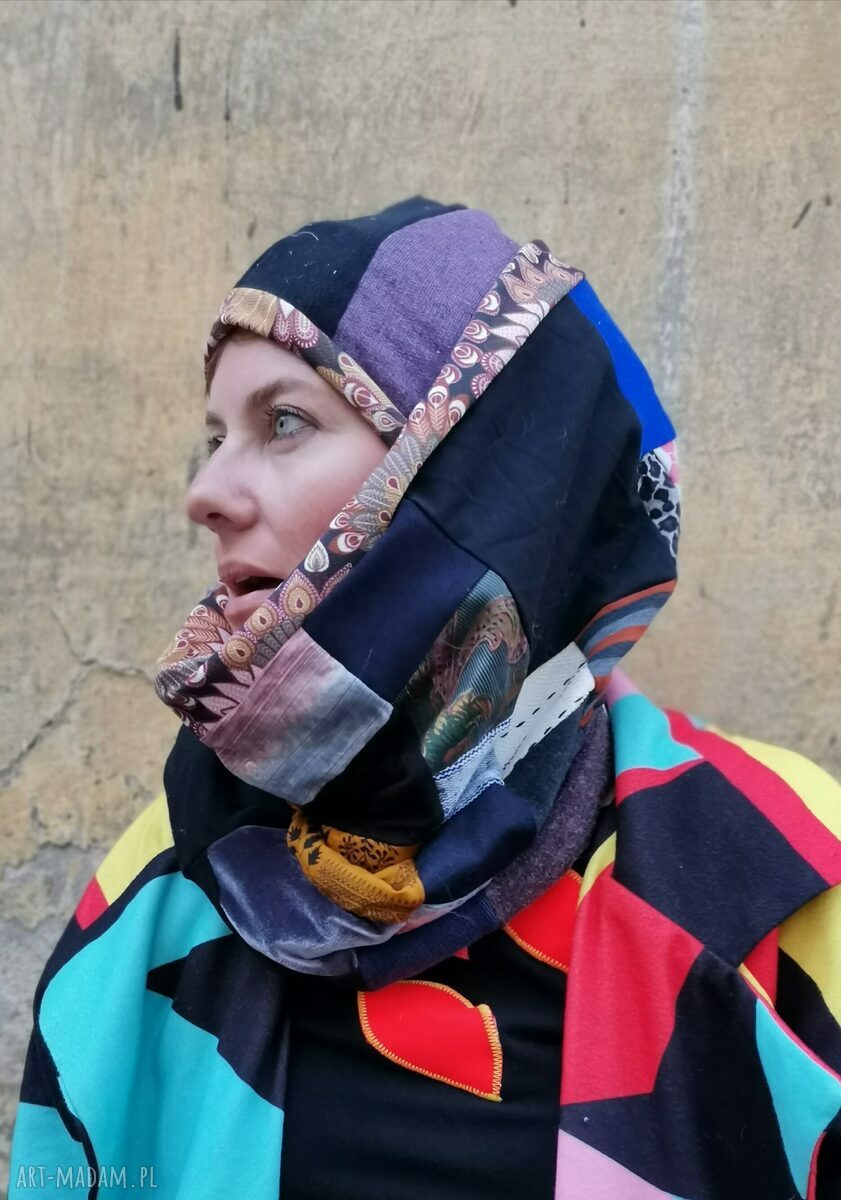 Boho patchworkowy komplet na rower - czapka uniwersalna i komin na podszewce