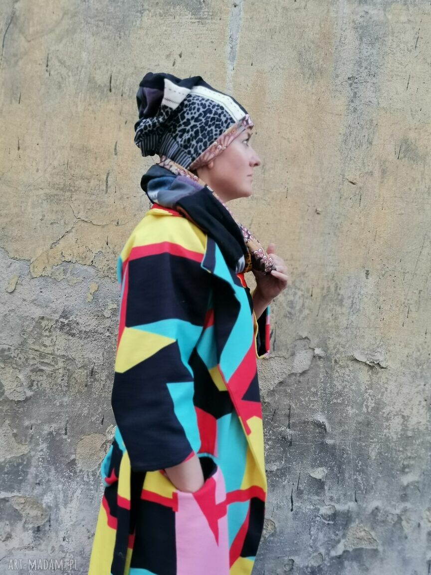Boho patchworkowy komplet na rower - czapka uniwersalna i komin na podszewce