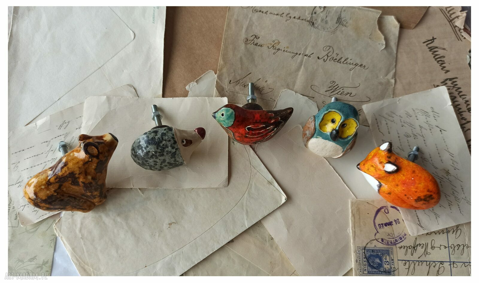 Komplet uchwytów do szuflady z leśnymi zwierzątkami (ceramiczne gałki: sowa, lis, jeż)