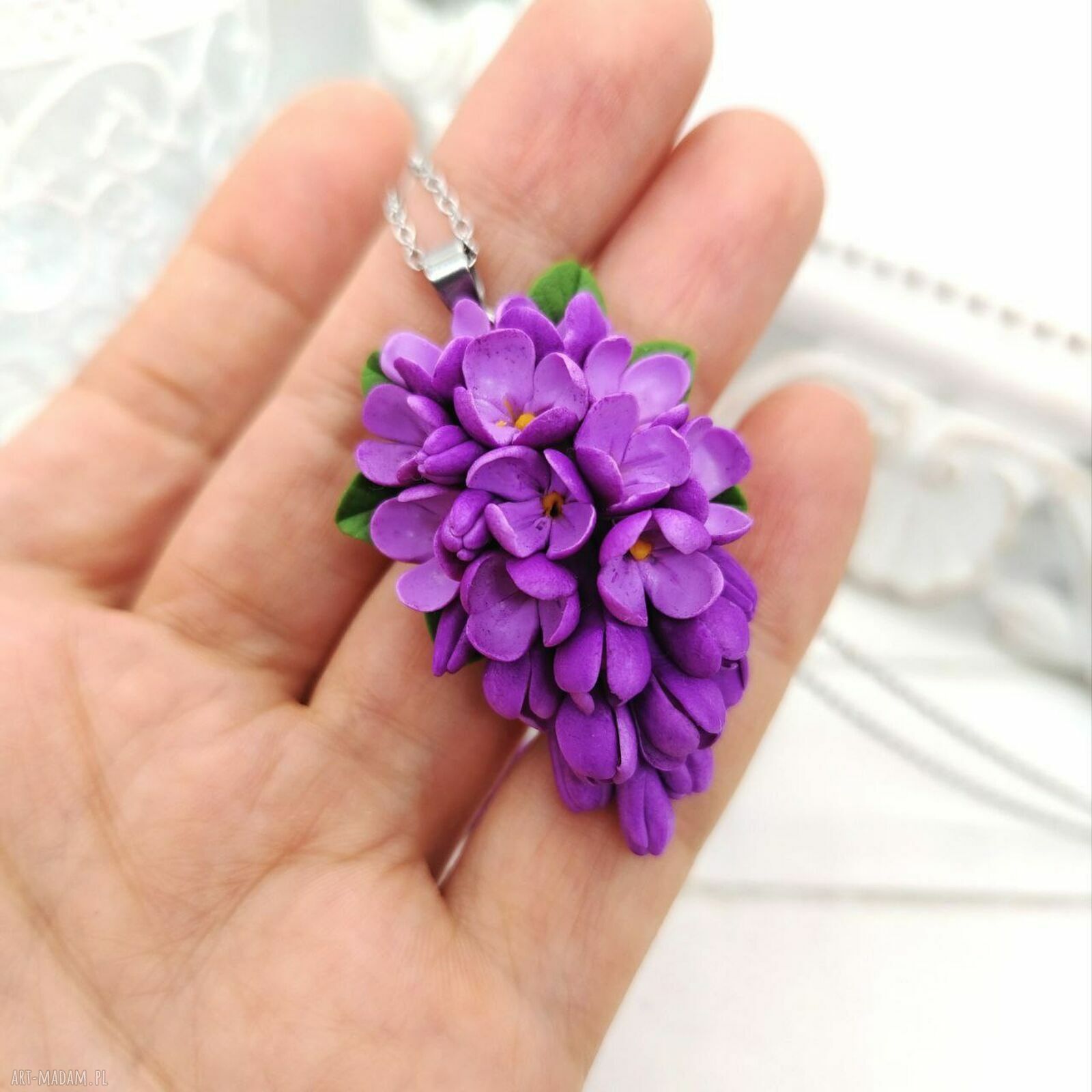 Bez liliowy komplet z gałązką bzu - naszyjnik i kolczyki handmade na prezent