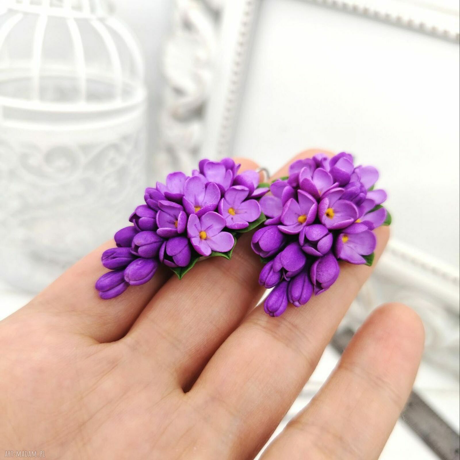 Bez liliowy komplet z gałązką bzu - naszyjnik i kolczyki handmade na prezent