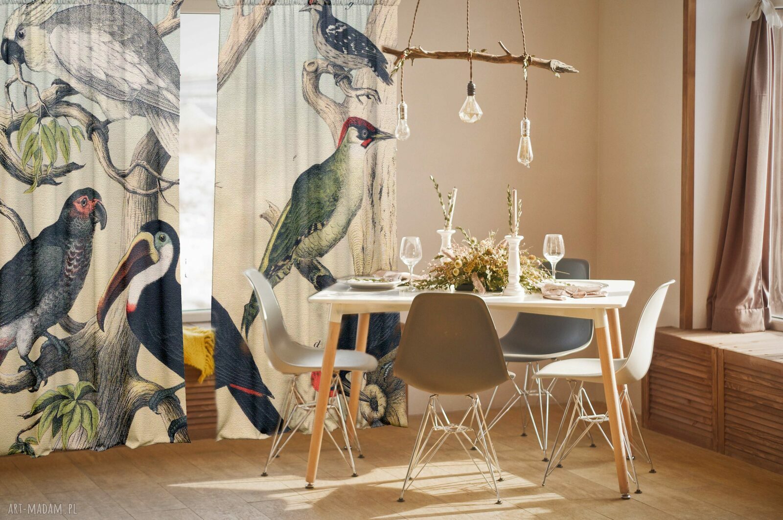 Komplet zasłon welurowych White Parrot Boho - ręcznie szyte i zaciemniające