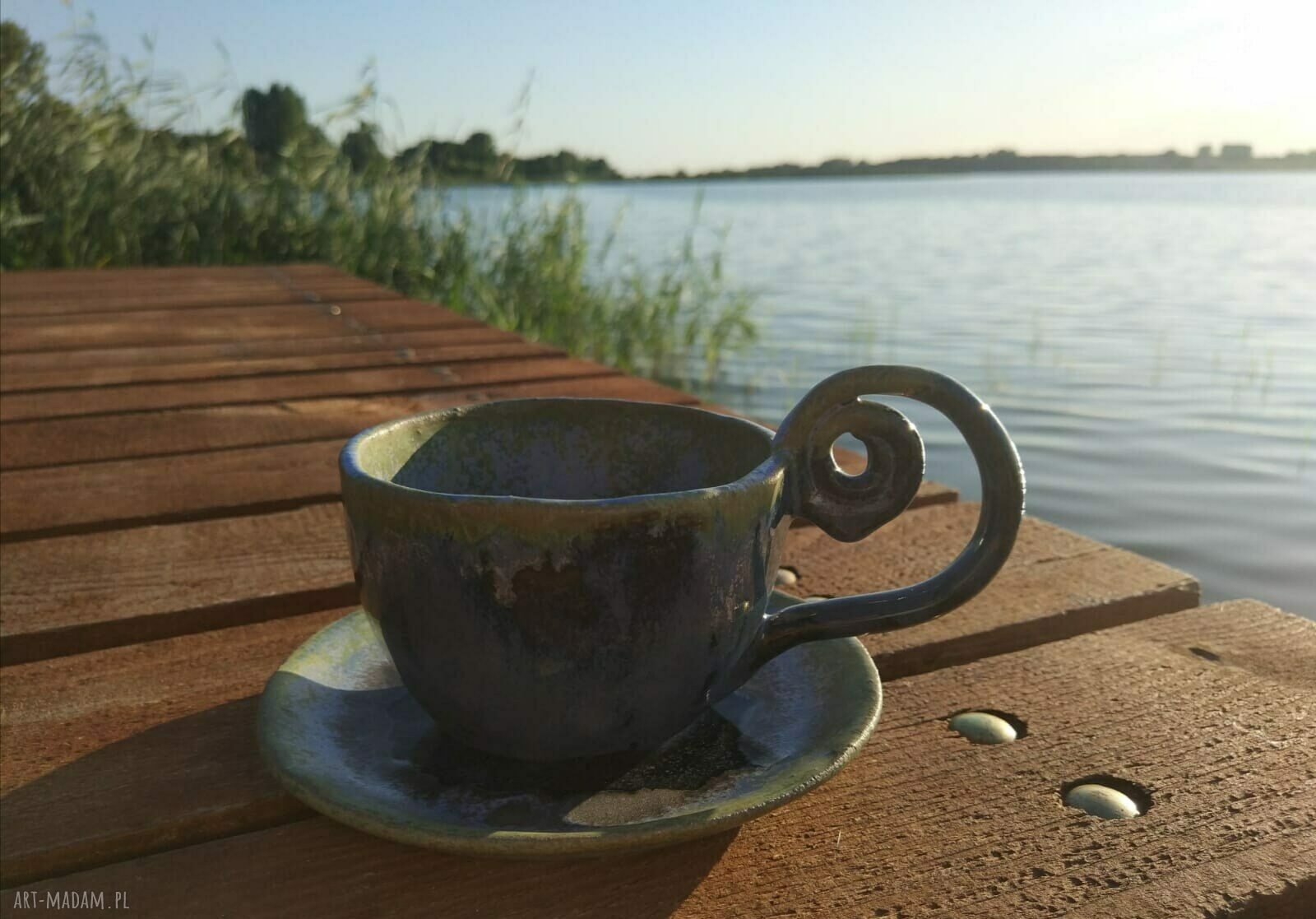 Komplet zielono-granatowy - filiżanka z talerzykiem z ceramiki