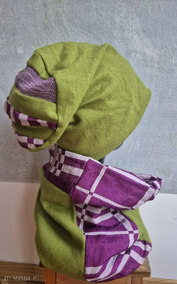 Komplet zielony komin i czapka patchworkowy boho na podszewce