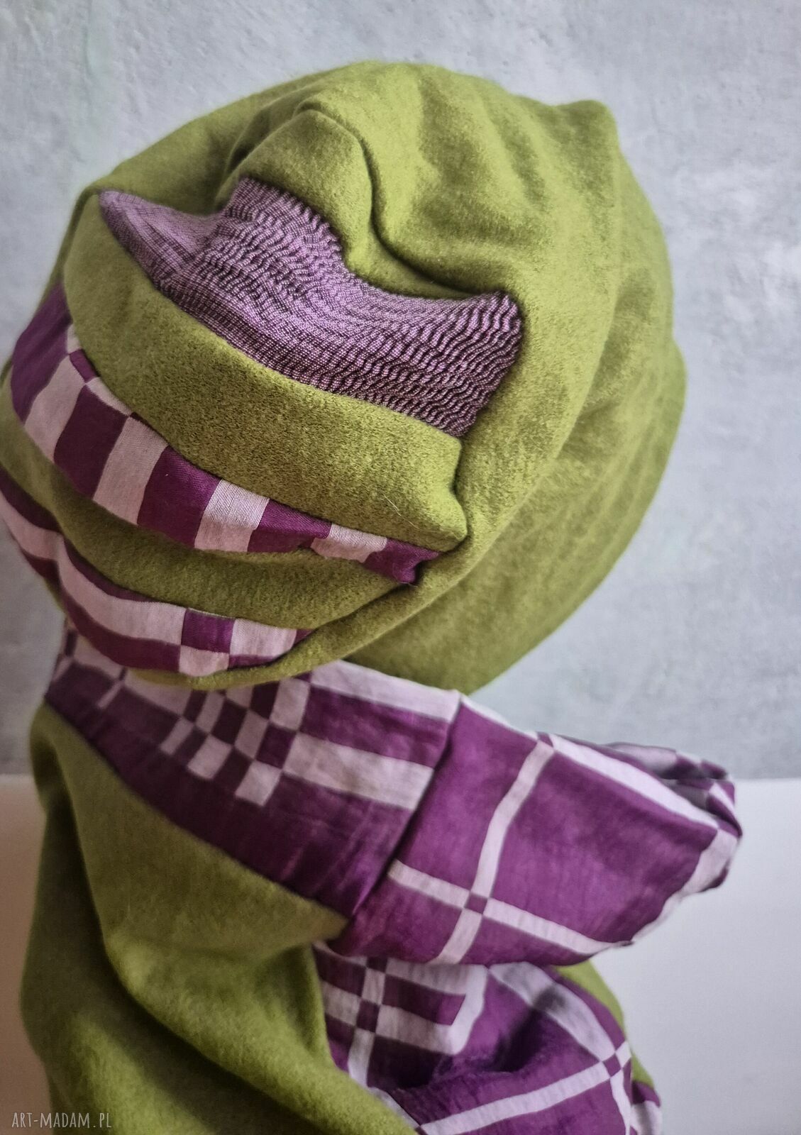 Komplet zielony komin i czapka patchworkowy boho na podszewce