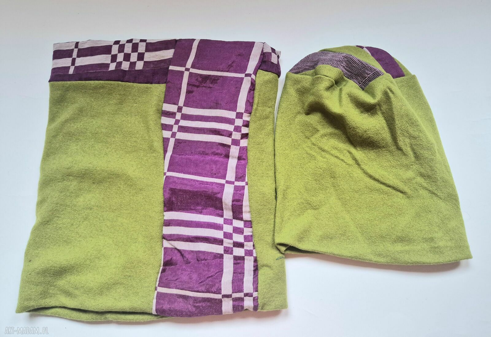 Komplet zielony komin i czapka patchworkowy boho na podszewce