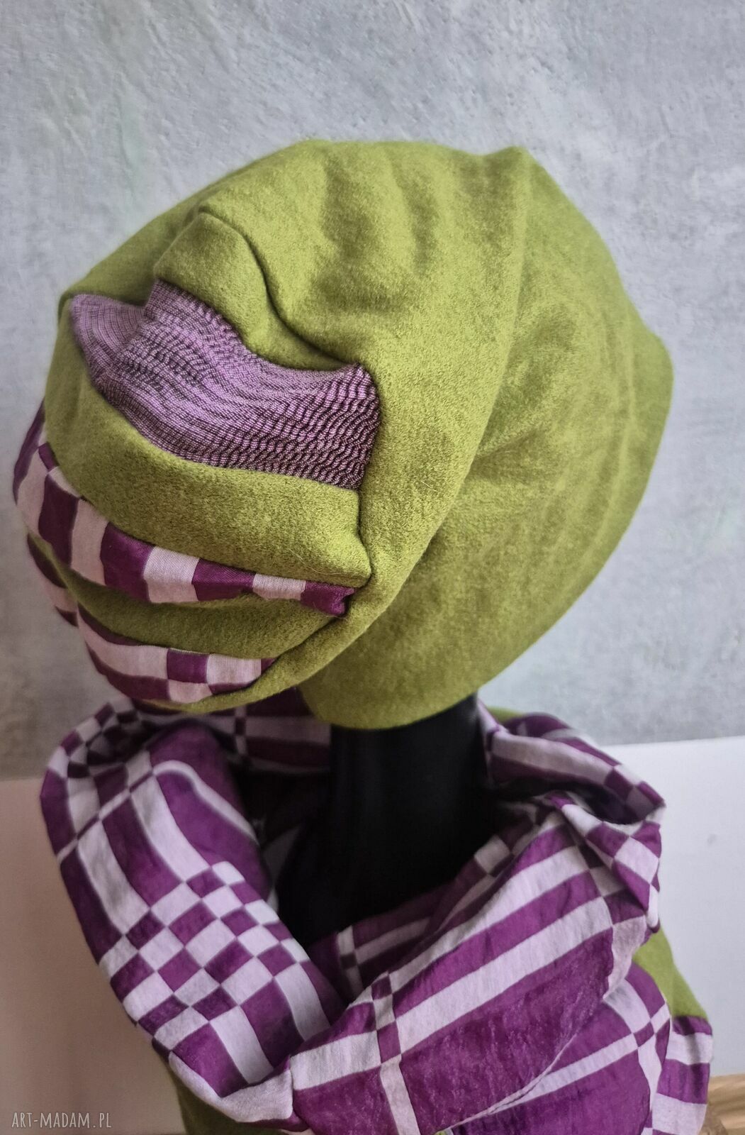 Komplet zielony komin i czapka patchworkowy boho na podszewce