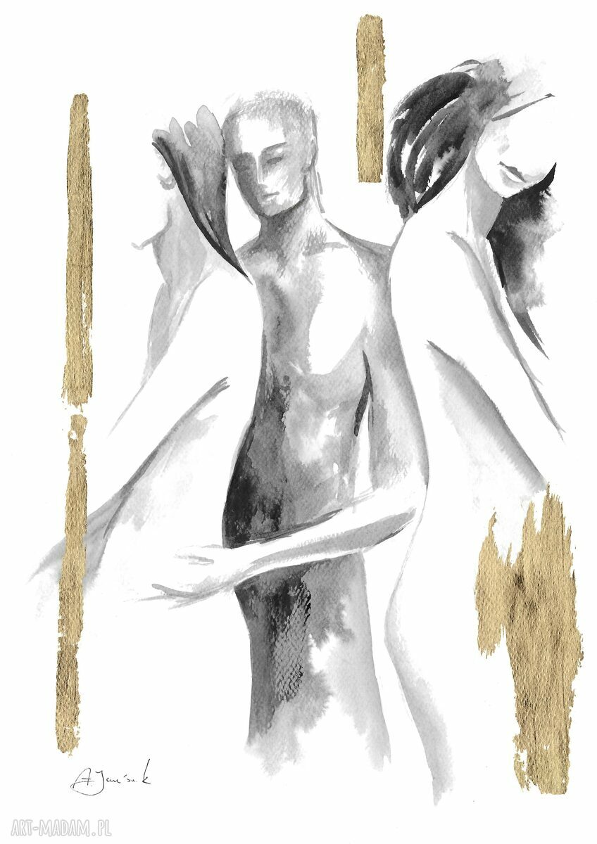 Kompozycja "3 ze złotem" - ręcznie malowana grafika z pozłotą 30 x 42 cm