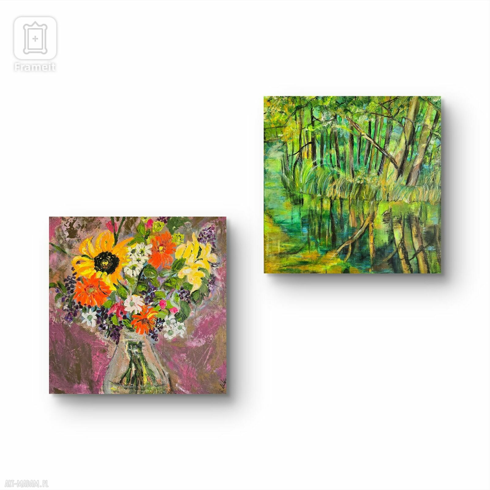 Kompozycja obrazów na płótnie 40x40x2 cm - Las natura, ręcznie malowana akryl