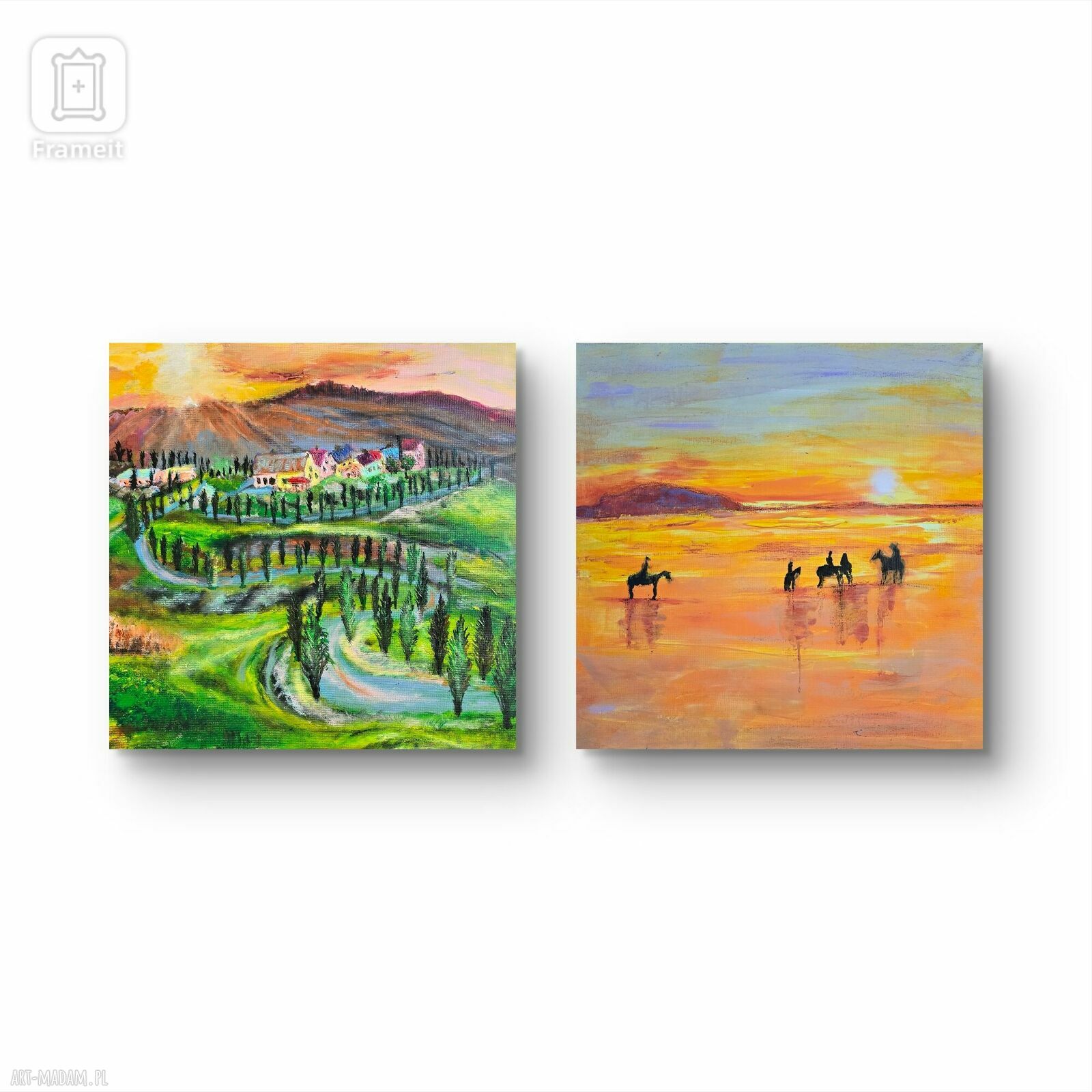 Kompozycja obrazów akrylowych Toskania i Sycylia 50x50x1 cm z motywem koni