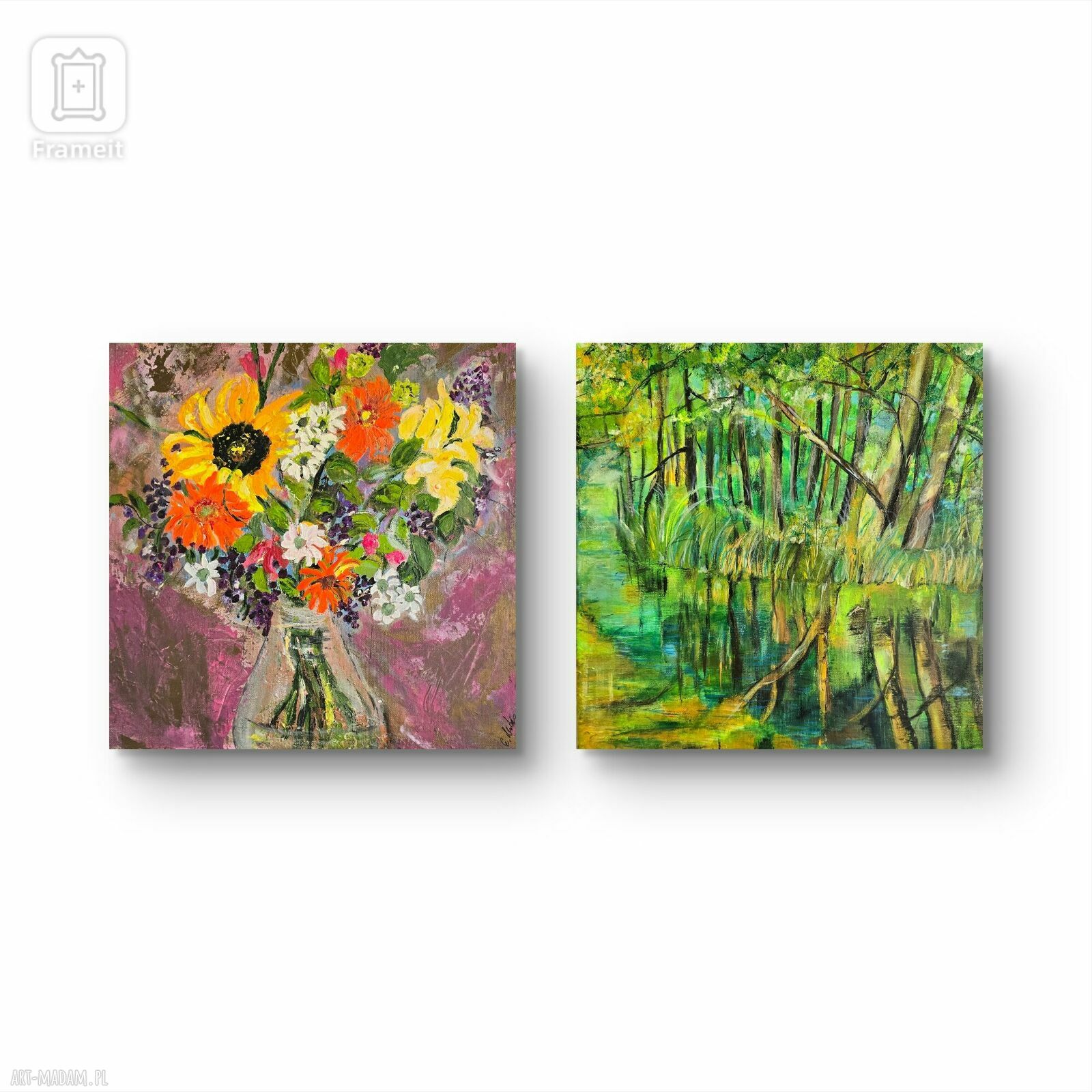 Kompozycja obrazów na płótnie 40x40x2 cm - Las natura, ręcznie malowana (akryl)