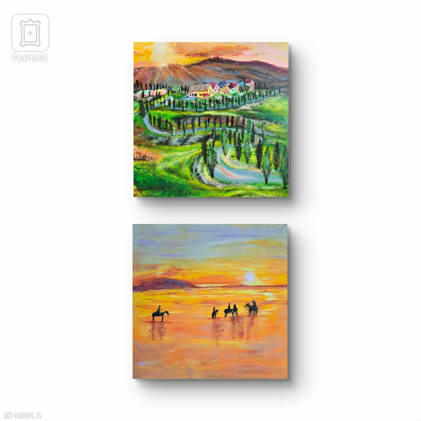 Kompozycja obrazów akrylowych Toskania i Sycylia (50x50x1 cm) z motywem koni
